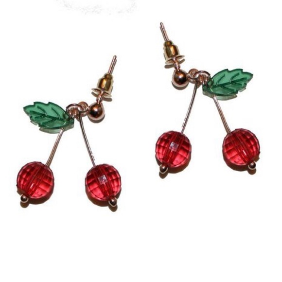 Jewelry - Beaded Handmade Cherry Dangling Earrings